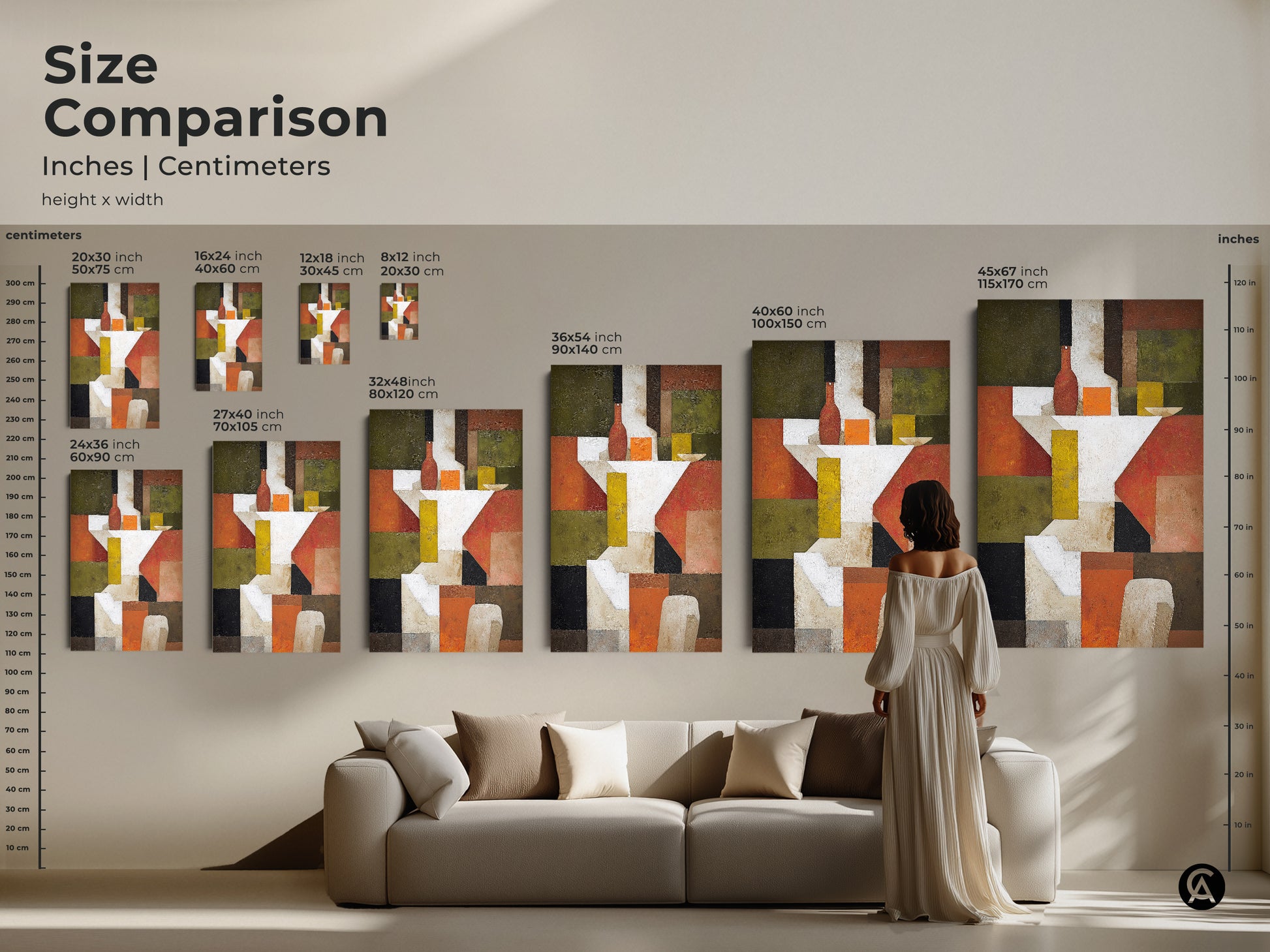 Compare sizes of this abstract still life art in inches and centimeters. Visualize how the terracotta and olive green tones enhance your room. The geometric artwork is perfect above a sofa. Available in various sizes to suit your space.