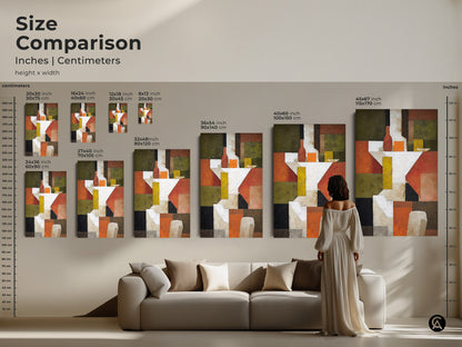 Compare sizes of this abstract still life art in inches and centimeters. Visualize how the terracotta and olive green tones enhance your room. The geometric artwork is perfect above a sofa. Available in various sizes to suit your space.