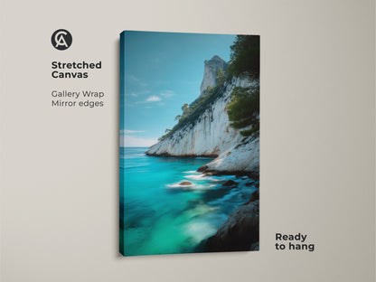 Stretched Canvas gallery wrap features a coastal cliff canvas print. The ocean seascape wall art displays turquoise blue beach art with rocky coast landscape. Ready to hang this piece offers housewarming gift art for beach lovers.