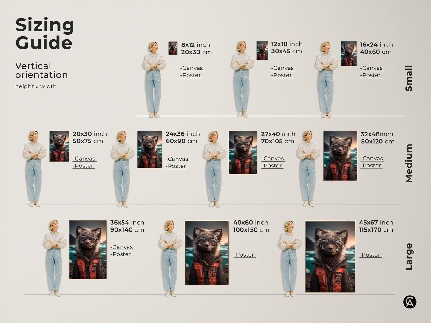 Sizing Guide for the Vertical orientation Arctic Fox wearing glasses art. Height and width include canvas and poster options. Small size is 8x12 inch 12x18 inch and 16x24 inch. Medium size is 20x30 inch 24x36 inch 27x40 inch and 32x48 inch.