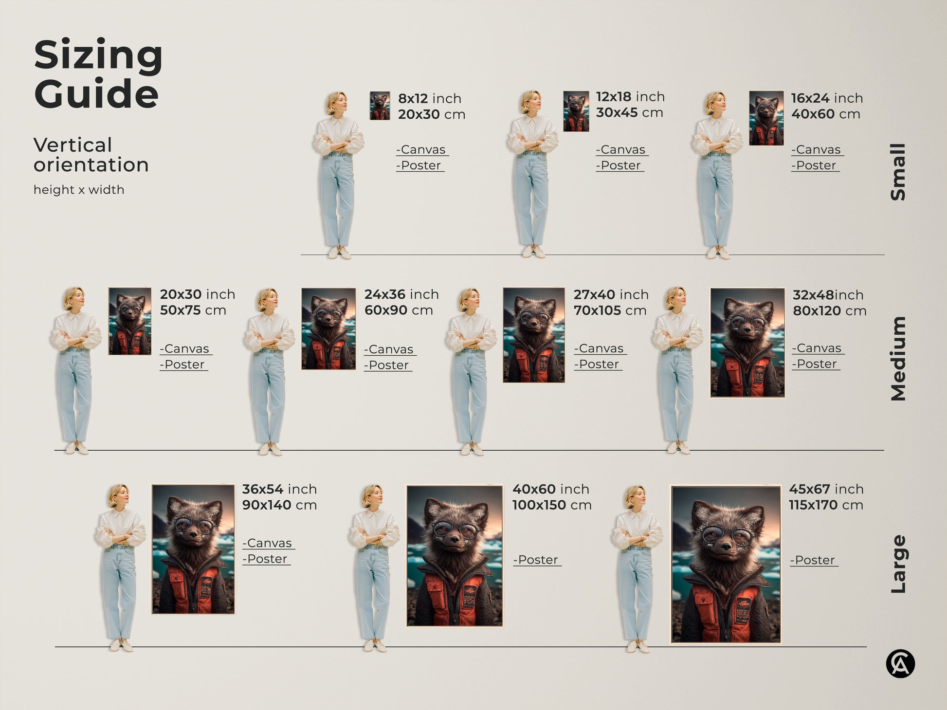 Sizing Guide for the Vertical orientation Arctic Fox wearing glasses art. Height and width include canvas and poster options. Small size is 8x12 inch 12x18 inch and 16x24 inch. Medium size is 20x30 inch 24x36 inch 27x40 inch and 32x48 inch.