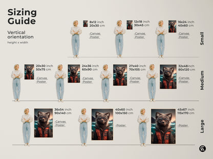Sizing Guide for the Vertical orientation Arctic Fox wearing glasses art. Height and width include canvas and poster options. Small size is 8x12 inch 12x18 inch and 16x24 inch. Medium size is 20x30 inch 24x36 inch 27x40 inch and 32x48 inch.