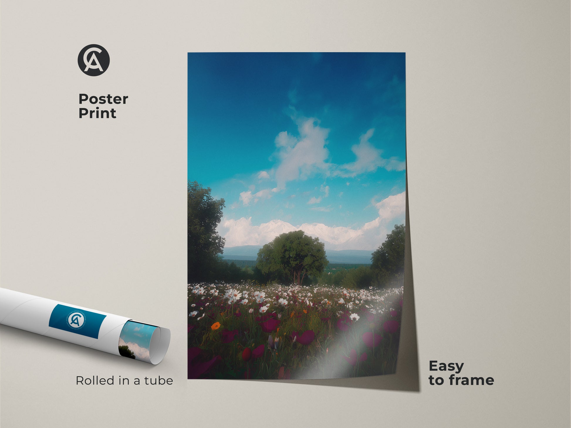 Poster print of an impressionistic wildflower artwork rolled in a tube. The scenic mountain landscape art showcases a beautiful blue sky. This boho nature art is easy to frame. The artwork is a great addition to any art collection.