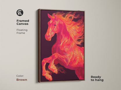 Framed canvas print of a horse artwork with a brown floating frame. The horse rears up against a dark backdrop. This equine art is ready to hang. The horse's mane is fiery orange.