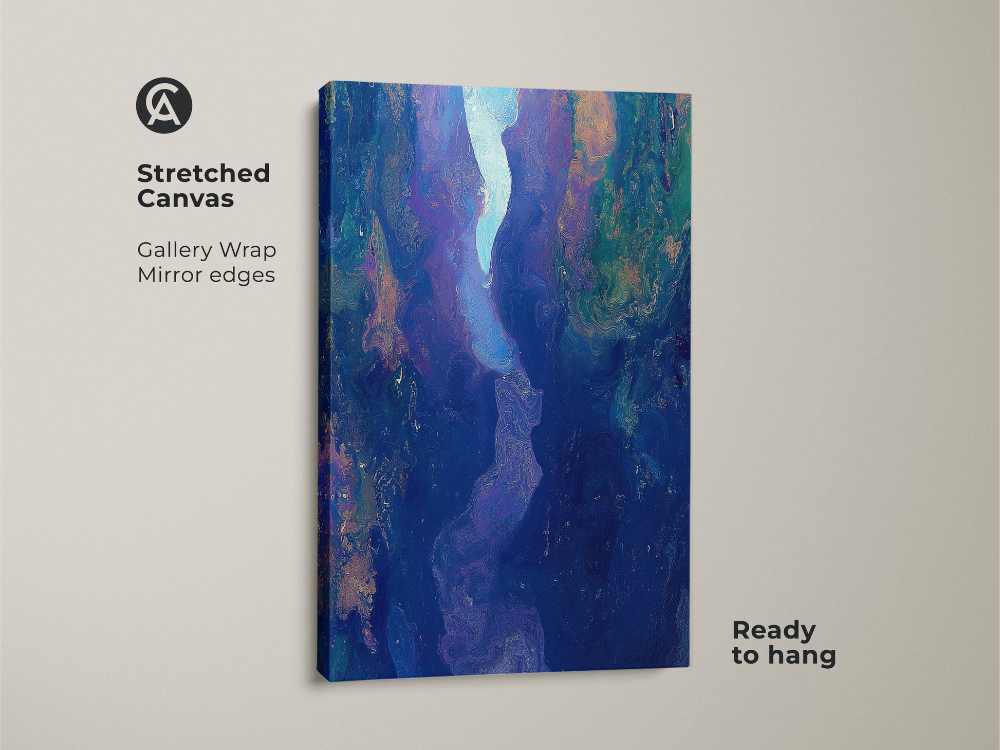 Stretched canvas of abstract fluid art print. This deep blue purple wall art features a gallery wrap with mirrored edges. Ready to hang this contemporary river canyon artwork offers modern living room decor.