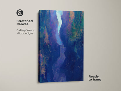 Stretched canvas of abstract fluid art print. This deep blue purple wall art features a gallery wrap with mirrored edges. Ready to hang this contemporary river canyon artwork offers modern living room decor.
