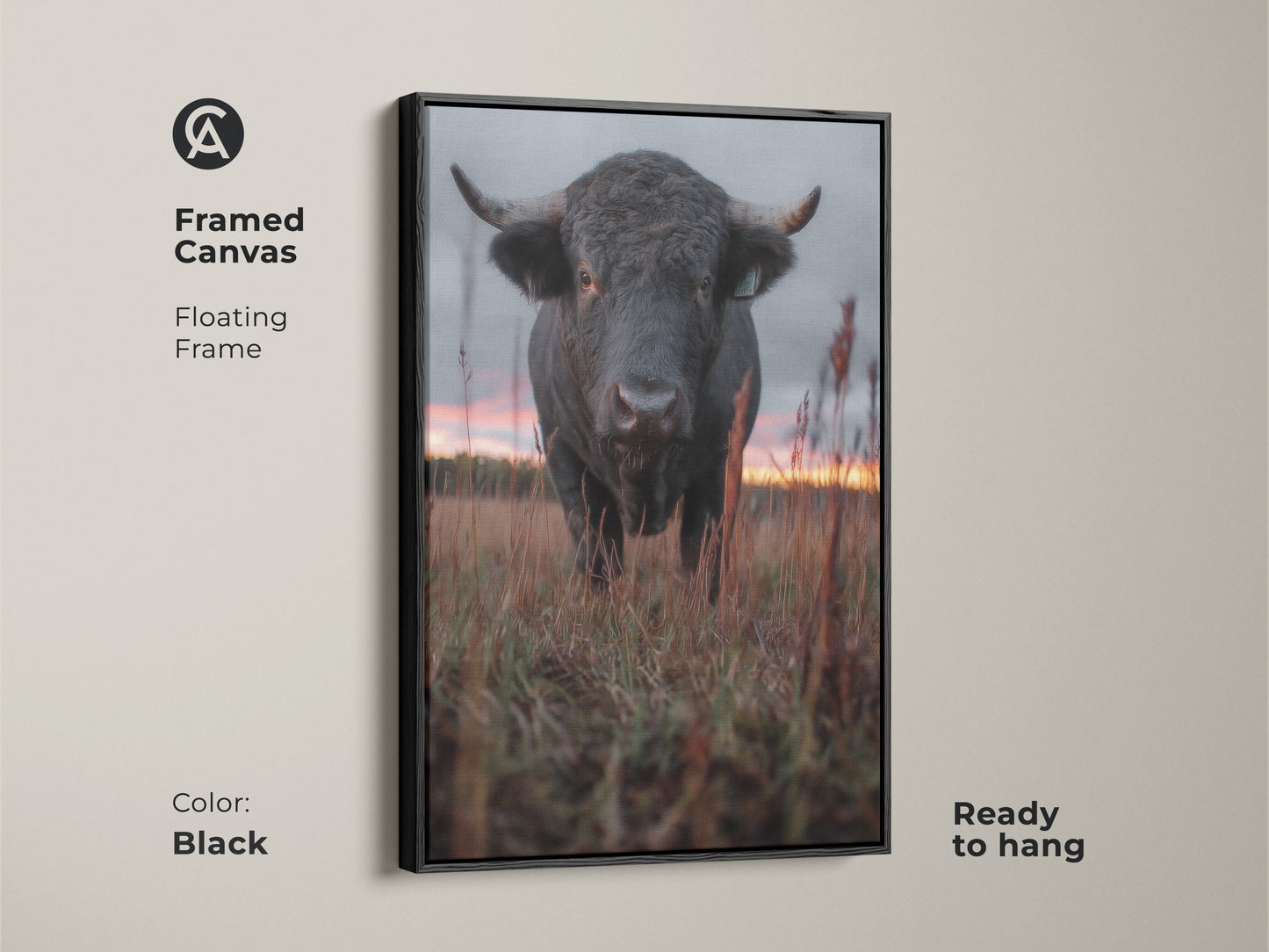Framed canvas with a floating frame showcases a bull painting. Black frame enhances the rustic artwork. Ready to hang animal lover gift idea. Perfect for ranch style wall art. Photorealistic bull art for bedroom decor.