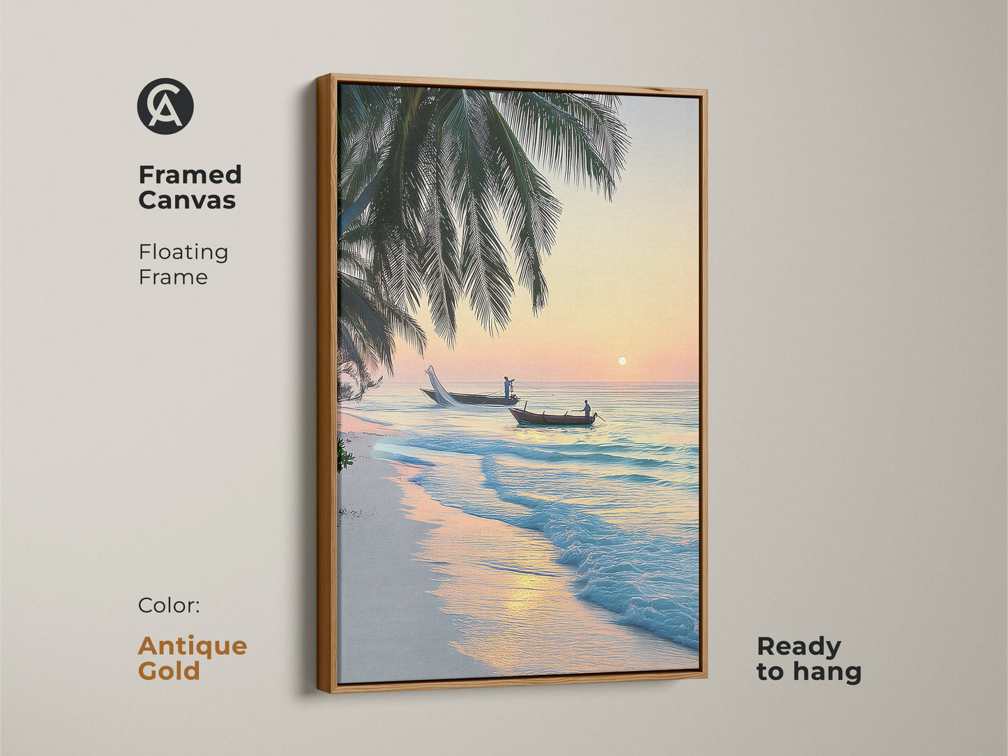 Framed canvas with an antique gold floating frame presents a tropical beach sunrise. Two fishing boats are on the turquoise ocean framed by palm trees. Ready to hang coastal artwork.