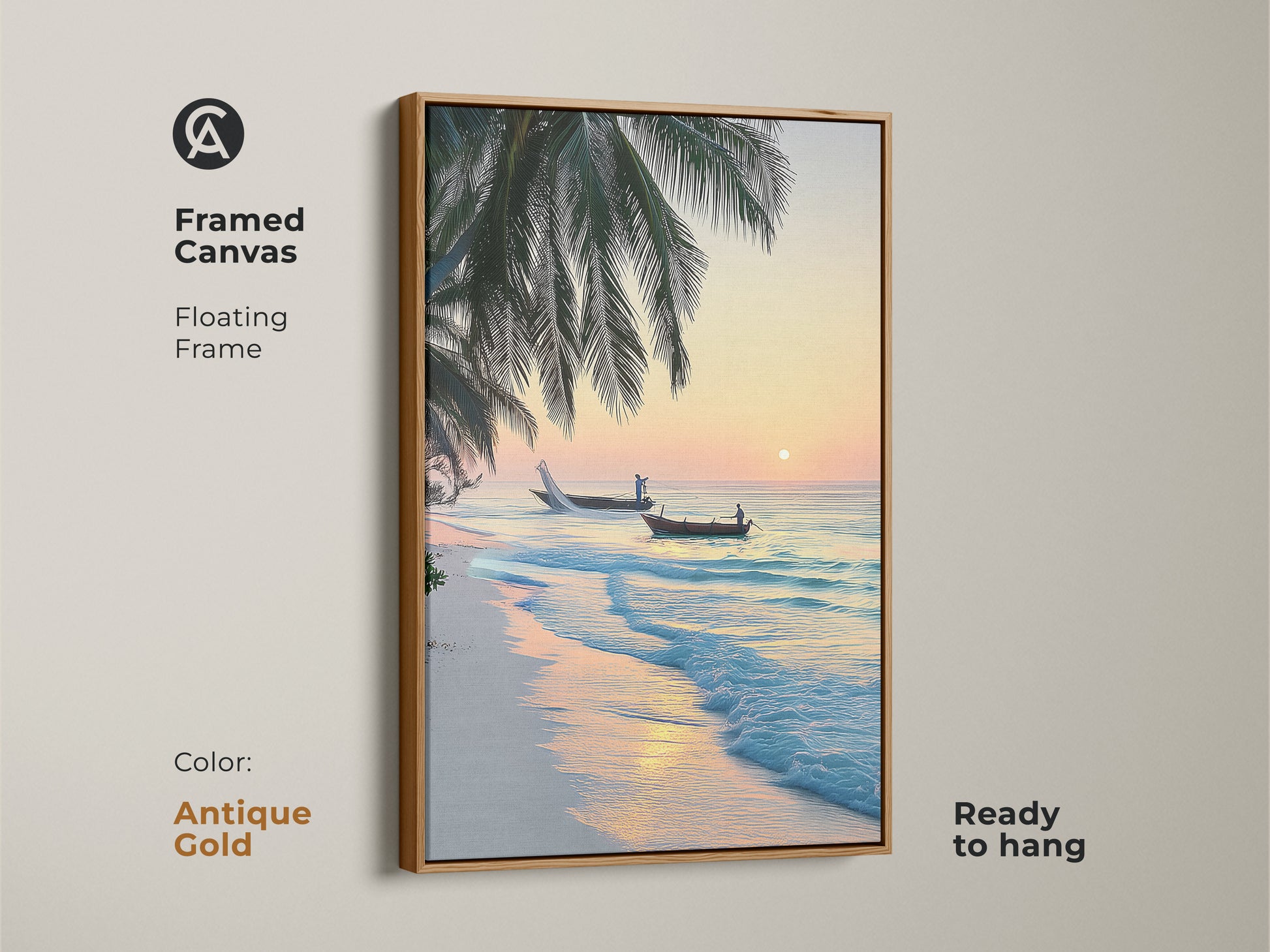 Framed canvas with an antique gold floating frame presents a tropical beach sunrise. Two fishing boats are on the turquoise ocean framed by palm trees. Ready to hang coastal artwork.