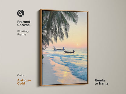 Framed canvas with an antique gold floating frame presents a tropical beach sunrise. Two fishing boats are on the turquoise ocean framed by palm trees. Ready to hang coastal artwork.