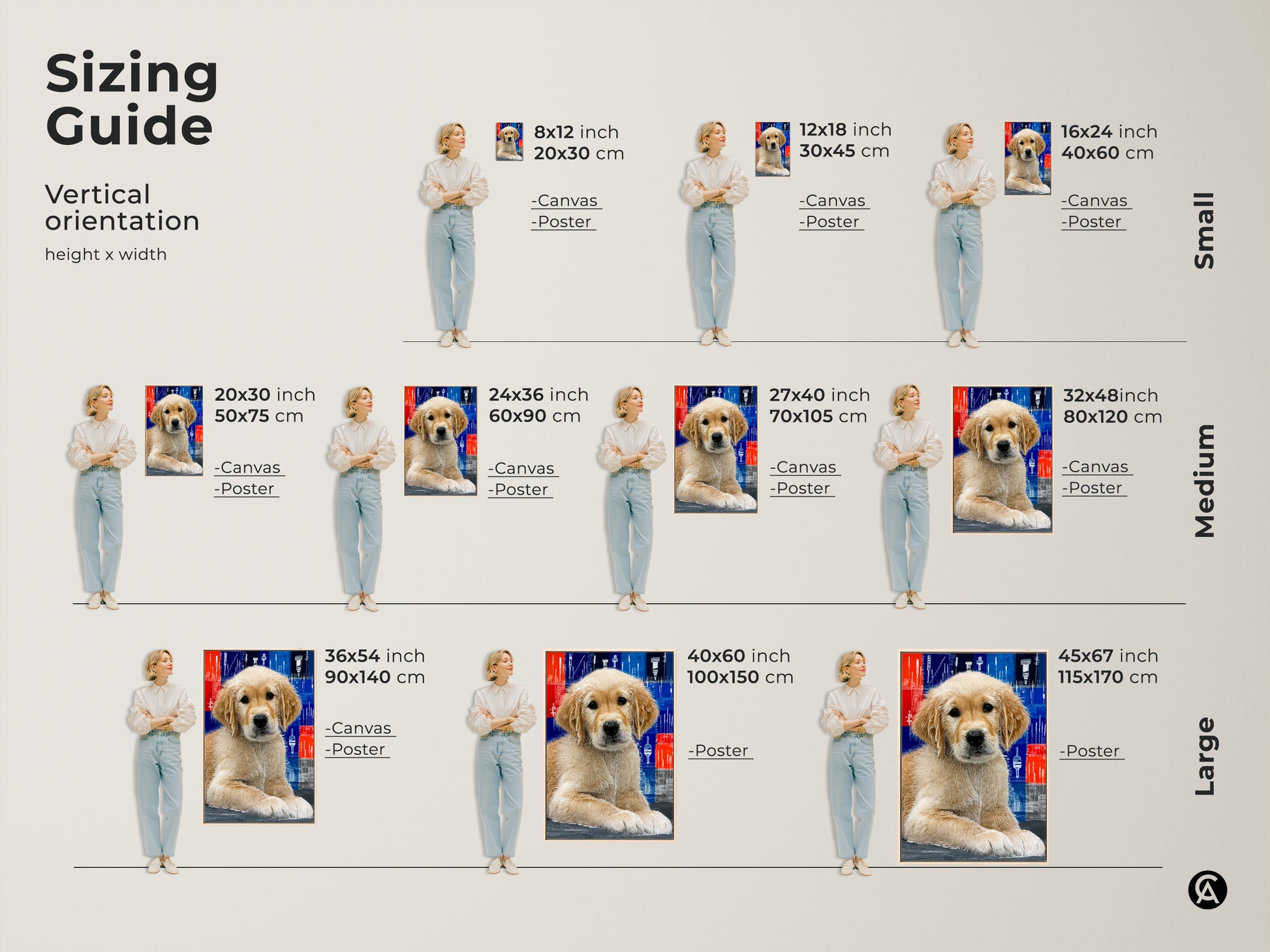 Sizing guide for abstract Golden Retriever art prints in vertical orientation. Canvas and poster options available in sizes from small to large. See how this modern puppy wall art fits various spaces. Perfect contemporary animal artwork for any dog themed bedroom decor.
