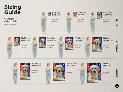 Sizing guide for abstract Golden Retriever art prints in vertical orientation. Canvas and poster options available in sizes from small to large. See how this modern puppy wall art fits various spaces. Perfect contemporary animal artwork for any dog themed bedroom decor.