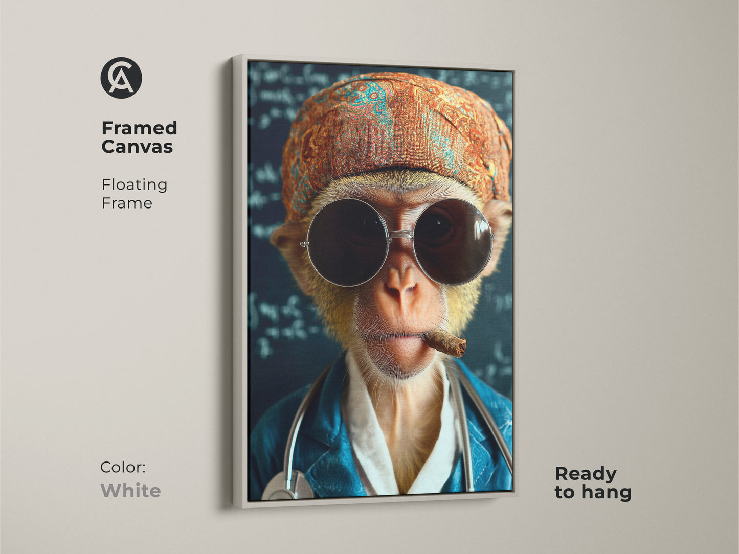 White Framed Canvas of the monkey doctor art print. This surreal animal artwork features a monkey with a stethoscope and sunglasses. It's ready to hang adding a quirky accent to any office or home. A great piece for eclectic wall decor.