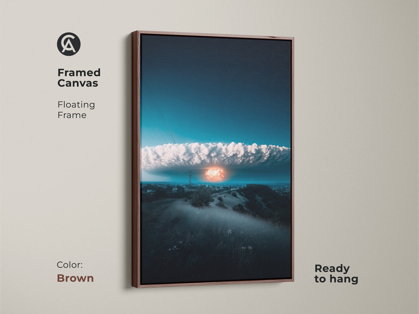 Surreal cityscape canvas in a brown floating frame. Ready-to-hang apocalyptic artwork. The deep blue and orange palette art evokes a powerful conceptual message. Ideal for modern decor settings. It brings a dramatic touch to any room.