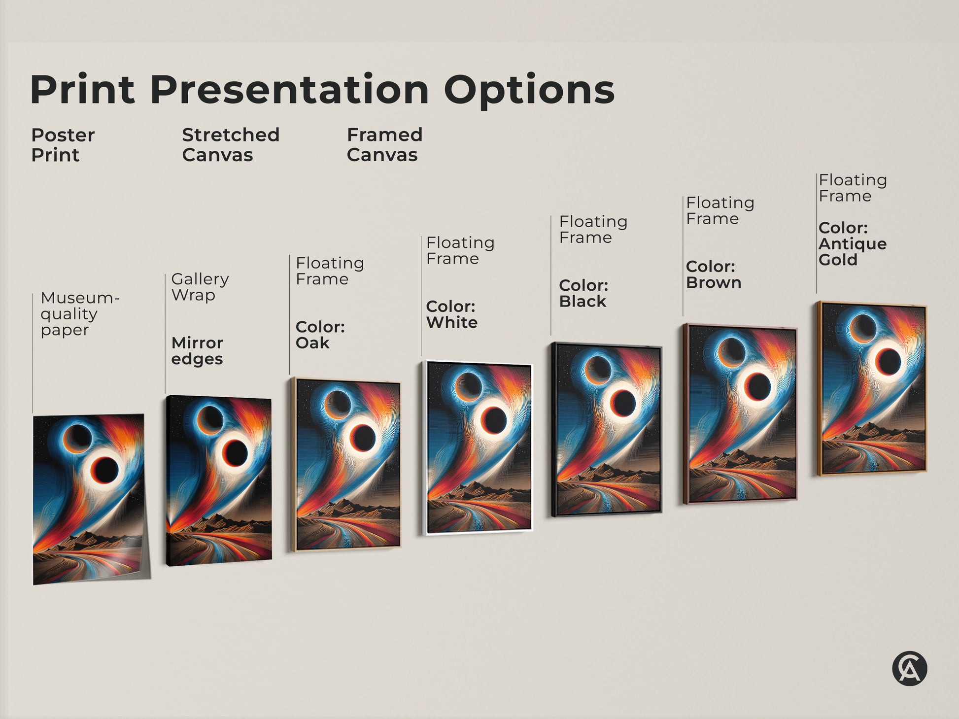 Print presentation options for abstract space art. Poster print stretched canvas and framed canvas options are shown. Black hole canvas print choices include gallery wrap and floating frames in various colors.