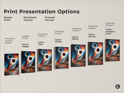 Print presentation options for abstract space art. Poster print stretched canvas and framed canvas options are shown. Black hole canvas print choices include gallery wrap and floating frames in various colors.