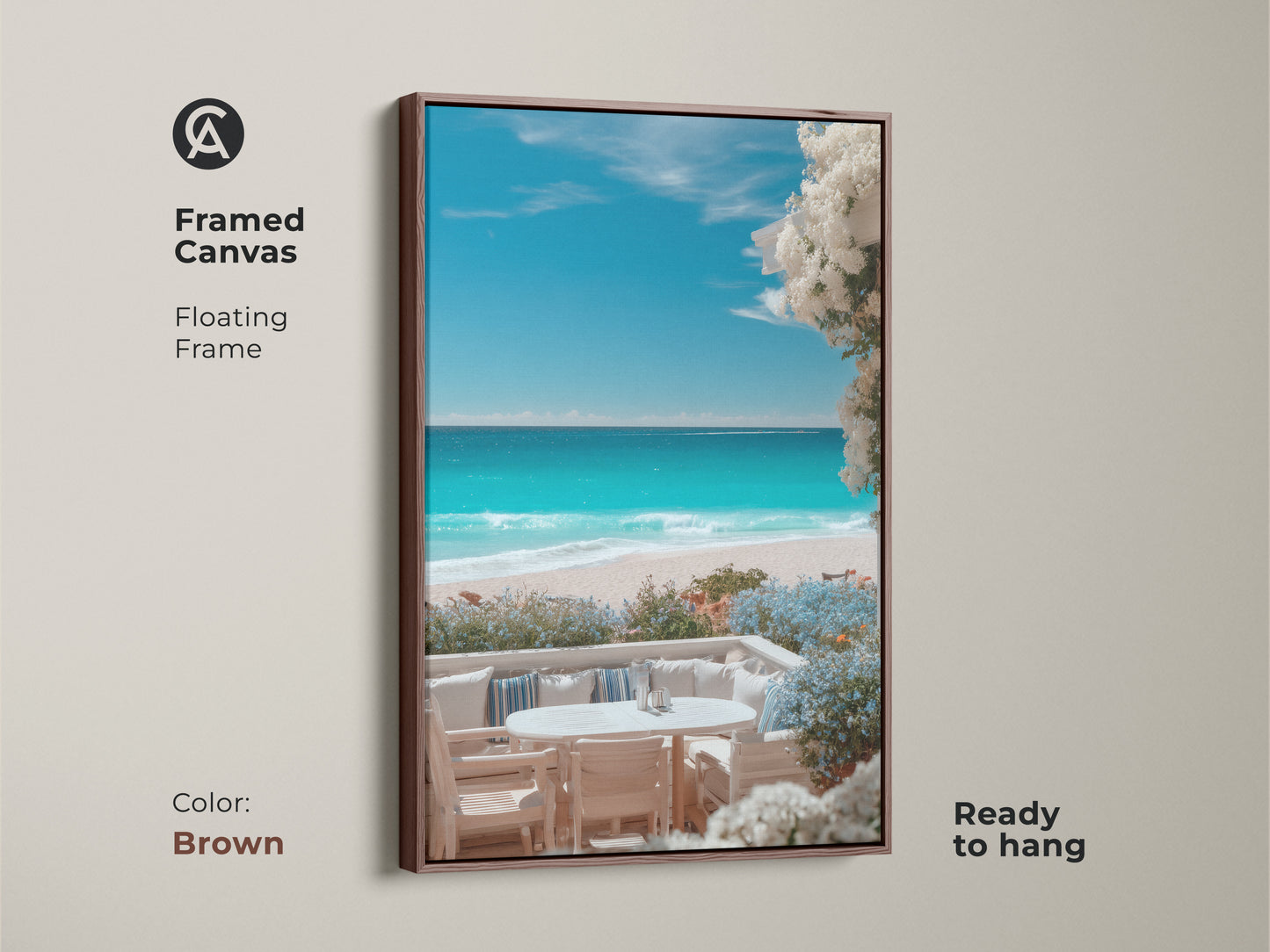 Framed canvas art in a floating brown frame showcasing a peaceful beach. This ready to hang beach artwork features turquoise water and white flowers creating a relaxing atmosphere. Add coastal charm to your decor.