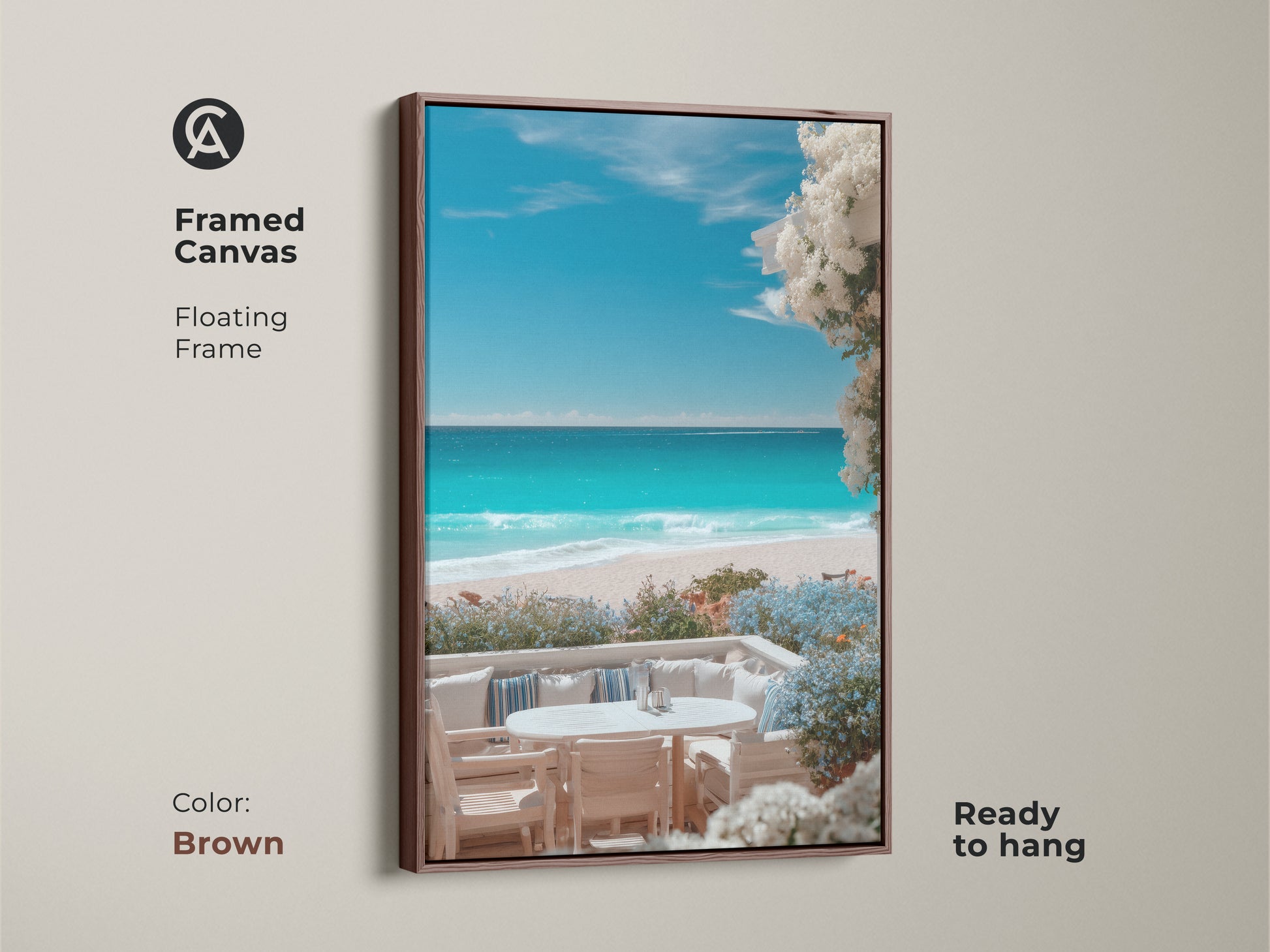 Framed canvas art in a floating brown frame showcasing a peaceful beach. This ready to hang beach artwork features turquoise water and white flowers creating a relaxing atmosphere. Add coastal charm to your decor.