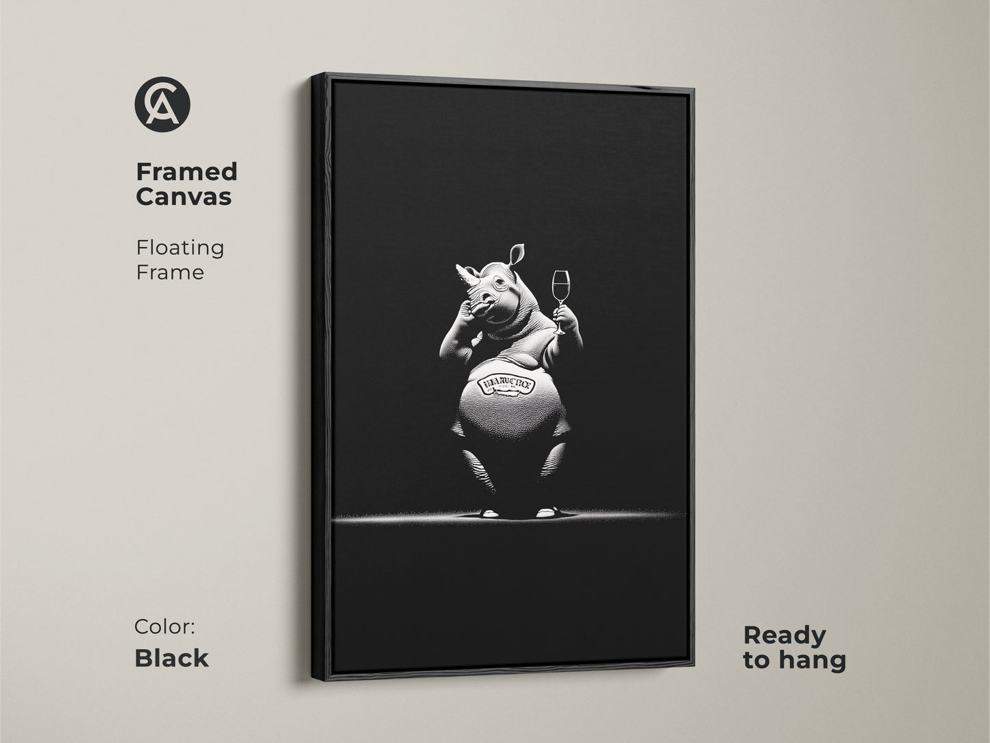 Framed canvas with floating frame showcasing sophisticated rhino artwork. This ready to hang black frame highlights the monochrome bar decor. Add a touch of humor with this black and white animal poster. A unique gift for wine enthusiasts animal lovers. A modern man cave art or office wall decor animal.