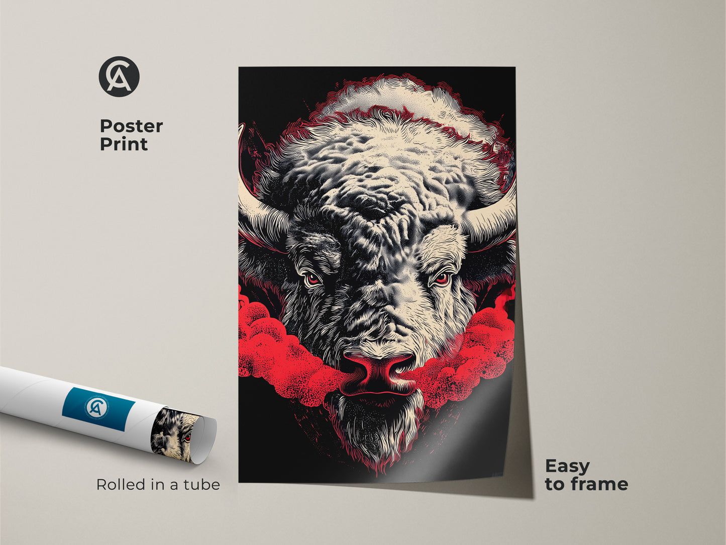 A poster print showcases a buffalo artwork. This striking piece features a black background and vivid red details. The artwork is rolled in a tube for easy framing. Perfect for adding a touch of wildlife art to any room. Get yours today for effortless decor.