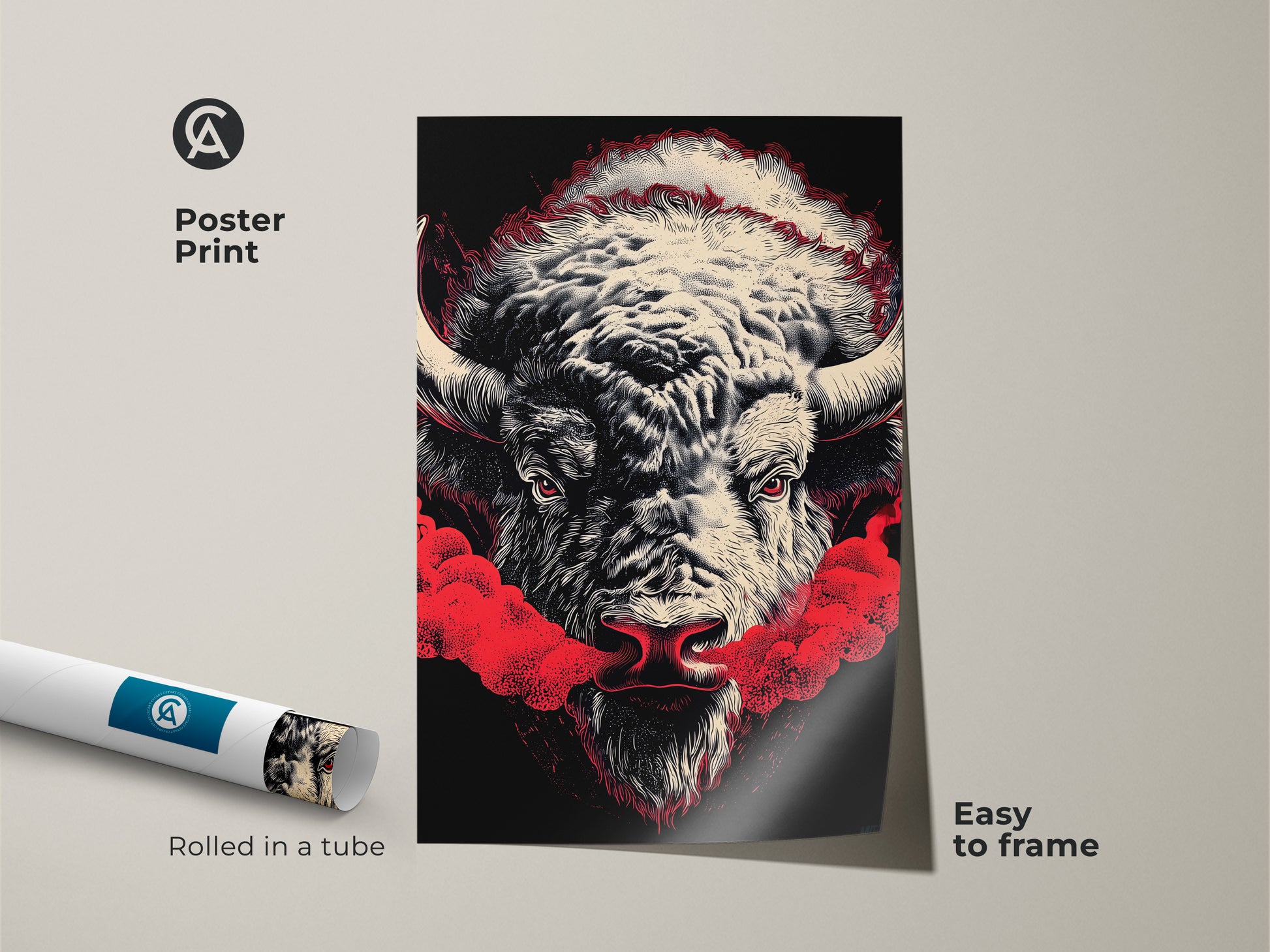 A poster print showcases a buffalo artwork. This striking piece features a black background and vivid red details. The artwork is rolled in a tube for easy framing. Perfect for adding a touch of wildlife art to any room. Get yours today for effortless decor.
