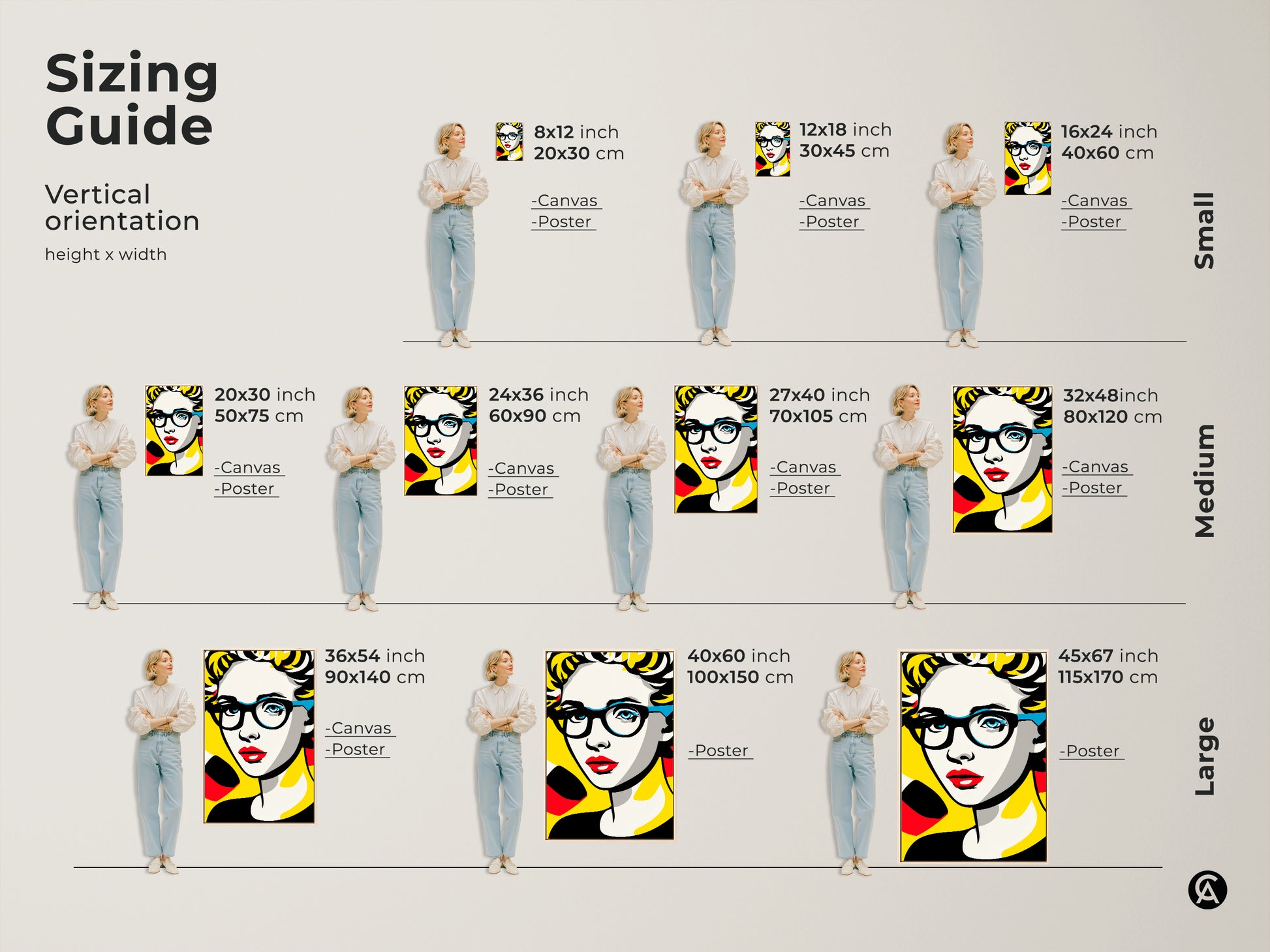 Sizing guide for vertical pop art portrait artwork. See how different sizes of canvas and posters look. Find the perfect dimensions to complement your wall decor needs. Canvas and poster options available.