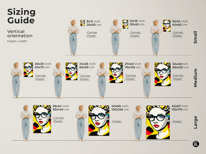 Sizing guide for vertical pop art portrait artwork. See how different sizes of canvas and posters look. Find the perfect dimensions to complement your wall decor needs. Canvas and poster options available.