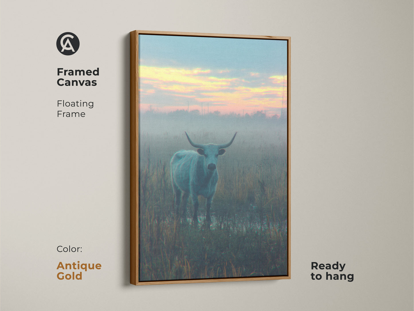 Antique gold framed canvas art print of a longhorn bull in a foggy field. This floating frame canvas is ready to hang. The antique gold frame enhances the artwork creating a sophisticated look.