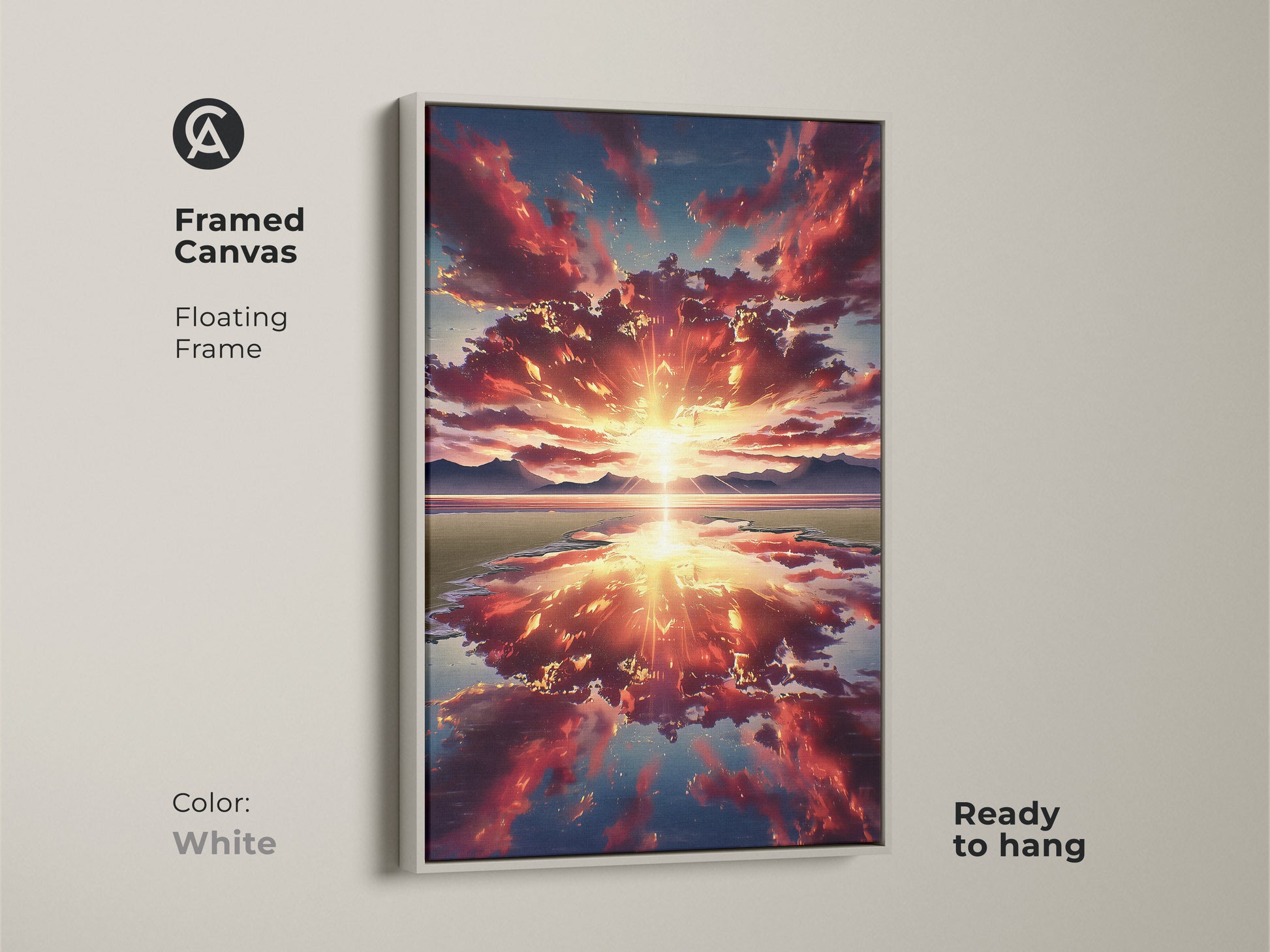 A framed canvas with a floating white frame showcases a sunset over mountains. This contemporary nature art is ready to hang. It features red orange and blue landscape elements.