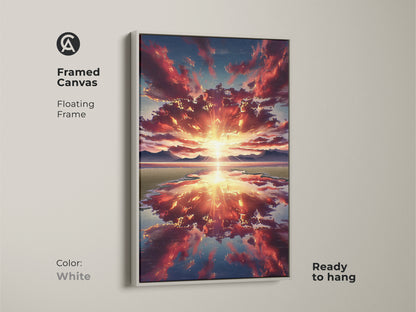 A framed canvas with a floating white frame showcases a sunset over mountains. This contemporary nature art is ready to hang. It features red orange and blue landscape elements.