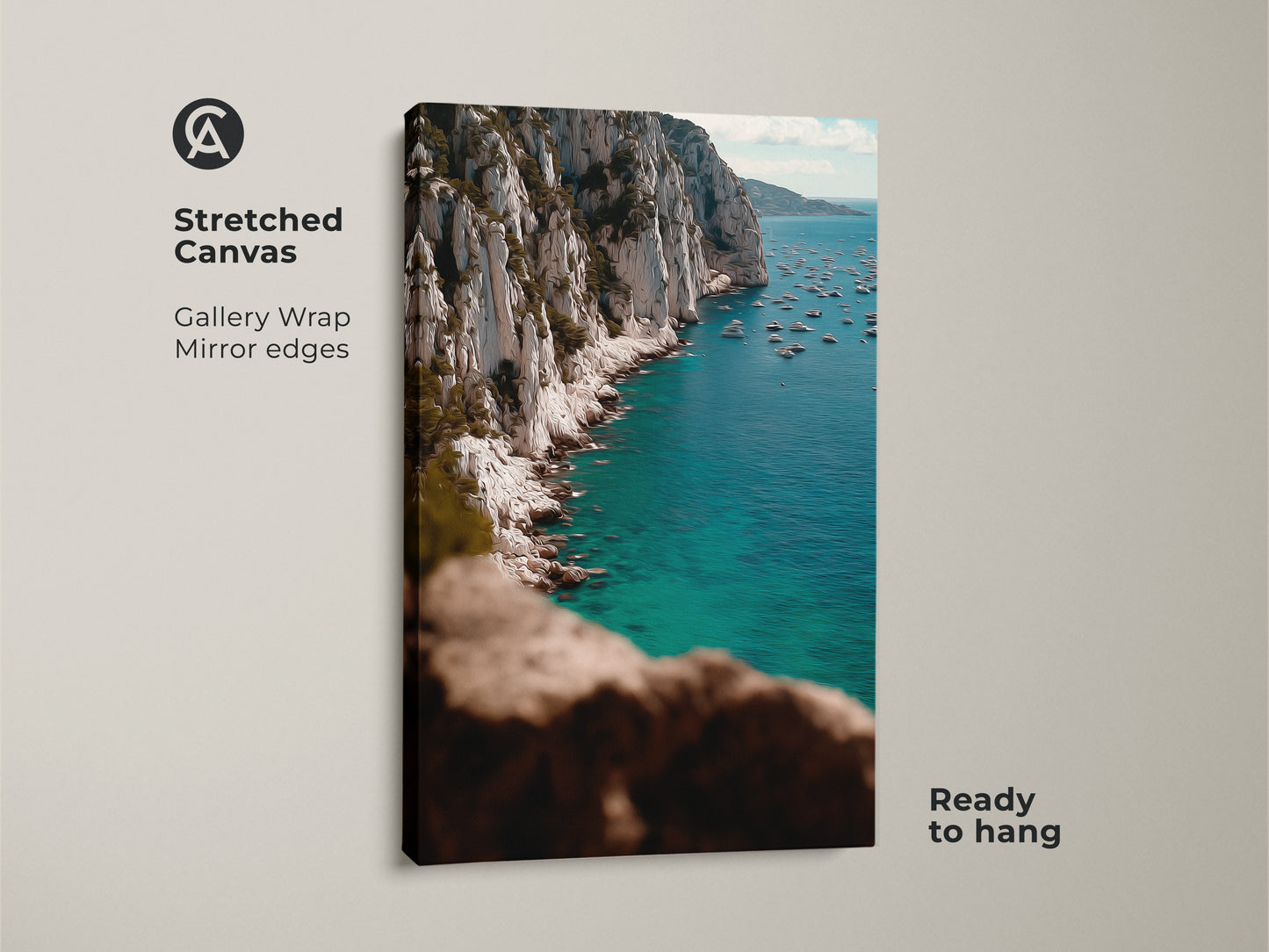 Stretched Canvas of Coastal Turquoise Ocean Art. A deep blue ocean canvas print offers a gallery-wrapped presentation with mirrored edges. It's ready to hang and transforms any space into a coastal retreat. This artwork brings the beauty of the sea indoors.