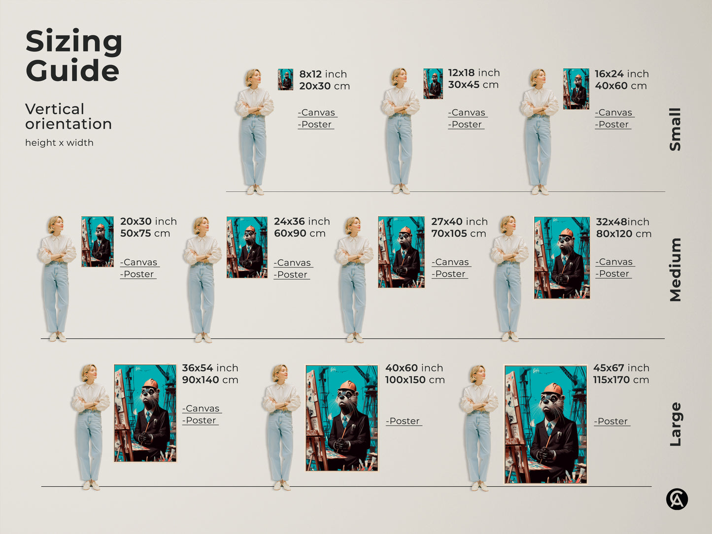 Sizing guide showcasing the teal brown otter artist wall art. This eclectic animal art is available in canvas and poster options. It features height and width measurements in inches and centimeters.