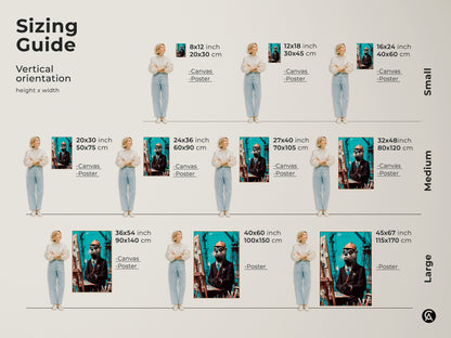 Sizing guide showcasing the teal brown otter artist wall art. This eclectic animal art is available in canvas and poster options. It features height and width measurements in inches and centimeters.