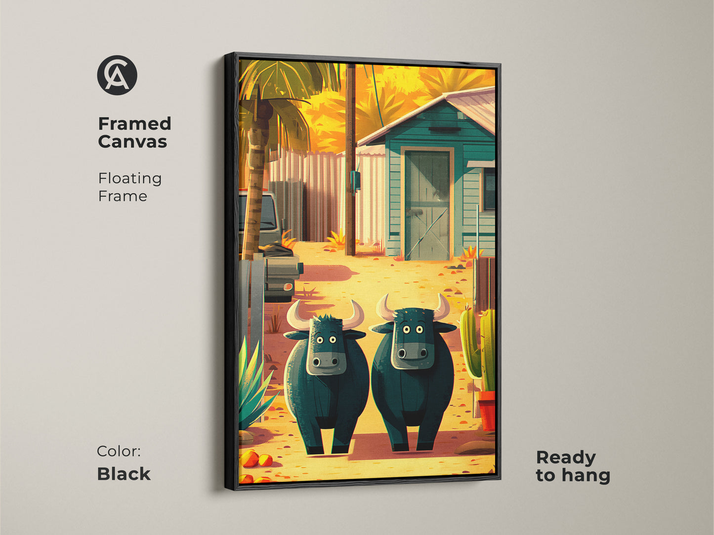 Framed canvas in black displays the farmhouse buffalo artwork. Two cartoon buffalo stand amidst cacti in a rural setting. The artwork features vibrant yellow orange and teal tones. Ready to hang this is perfect animal themed eclectic wall decor.