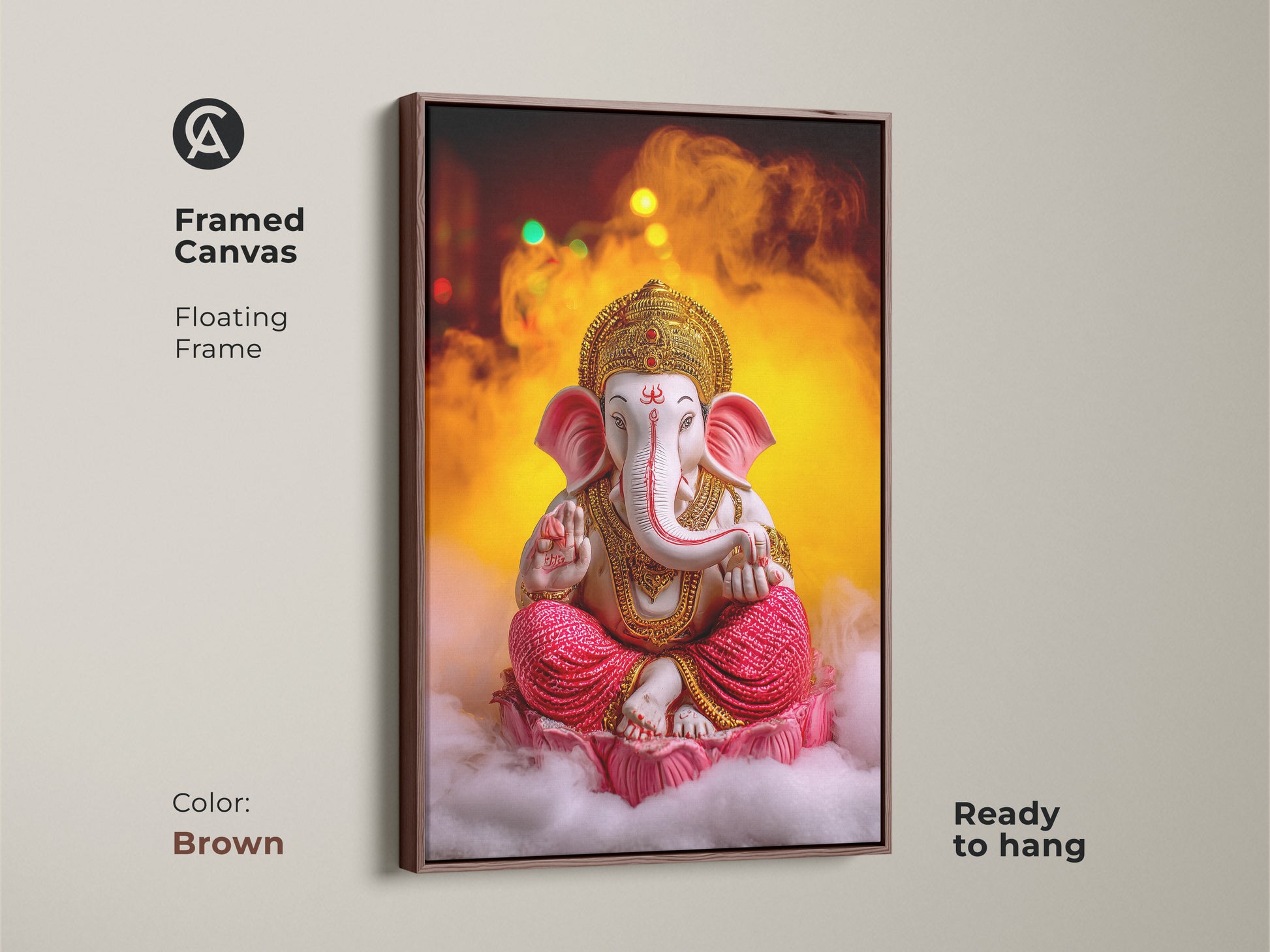 Framed canvas showcasing the Pink Gold Ganesha artwork with a brown floating frame. It's a spiritual lotus art piece ready to hang. The Hindu mythology canvas adds warmth to any room. The eclectic home wall hanging enhances meditation room decor. This Ganesha art is a unique gift.