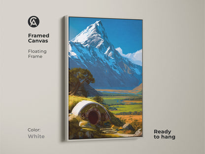 Framed canvas displaying a fantasy hobbit hole artwork with a white floating frame. This cozy nature landscape poster is perfect for adding beauty to any room. Great for eclectic decor.