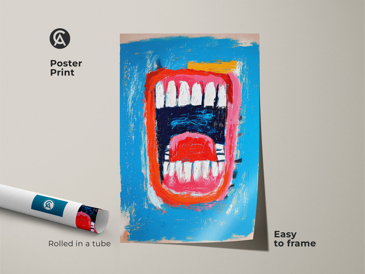 Poster print featuring a bold mouth artwork. The print is rolled in a tube for easy framing. The artwork has a bright blue background and a red mouth. This museum-quality paper print is perfect for modern art lovers.