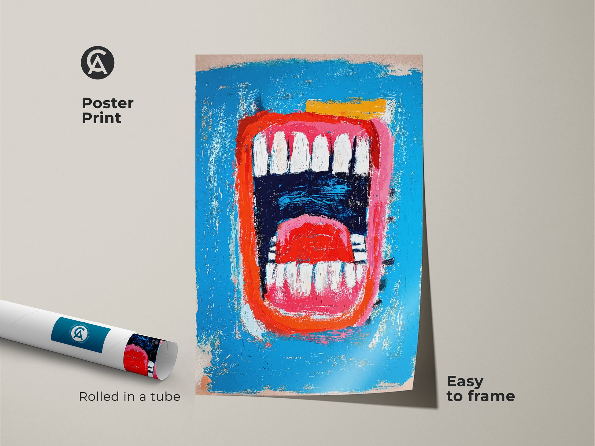 Poster print featuring a bold mouth artwork. The print is rolled in a tube for easy framing. The artwork has a bright blue background and a red mouth. This museum-quality paper print is perfect for modern art lovers.