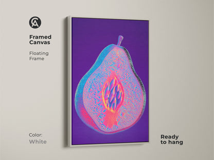 White framed canvas features psychedelic pear wall art. The floating frame accentuates the magenta purple and blue glitch art print. This abstract fruit canvas is ready to hang. It is a great eclectic kitchen decor piece.