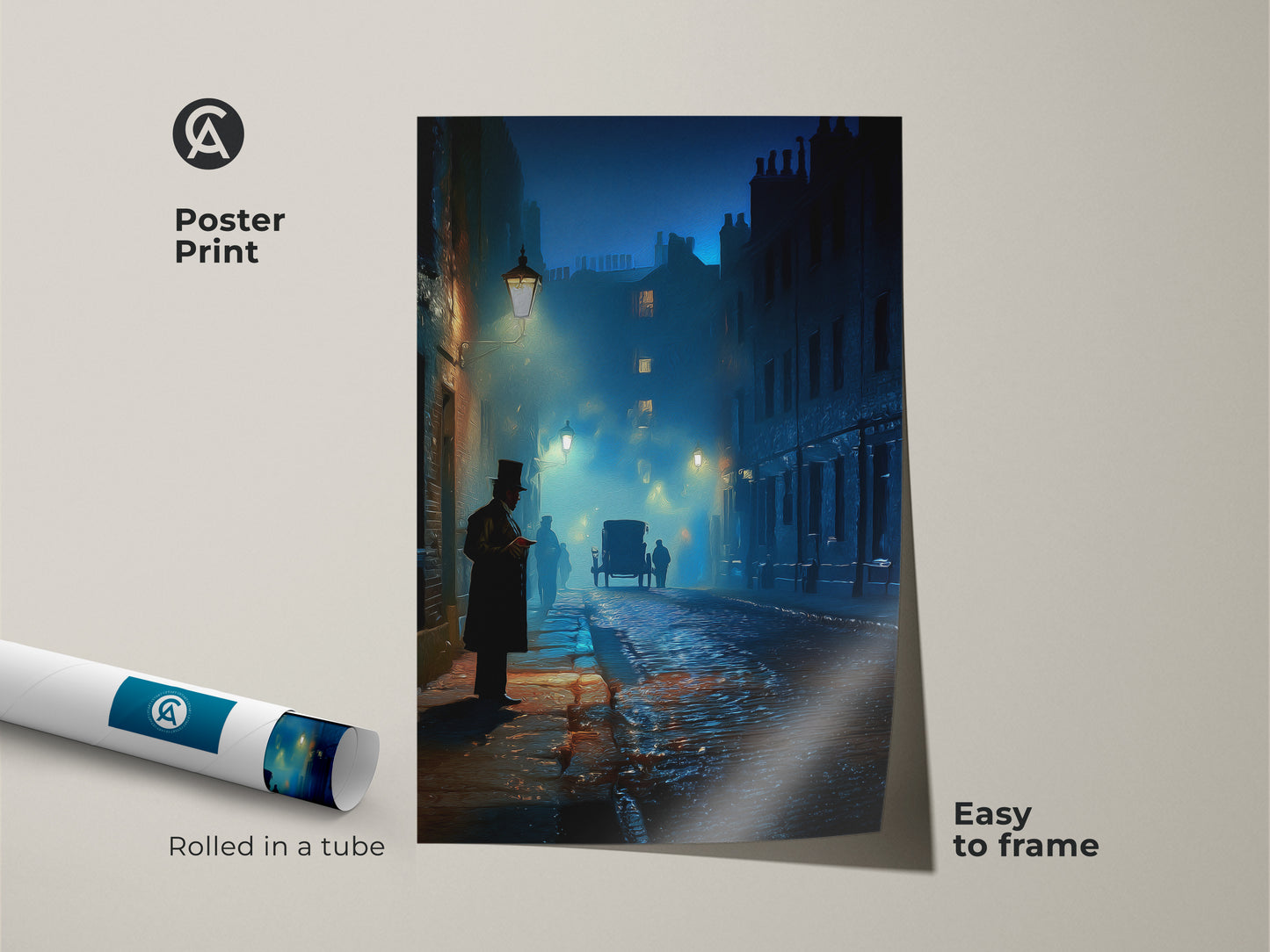 Poster print of a Victorian street at twilight. This gothic dark academia wall art features a horse carriage. Rolled in a tube easy to frame. Perfect for history buffs. The navy teal blue print adds vintage urban life to your study room wall.