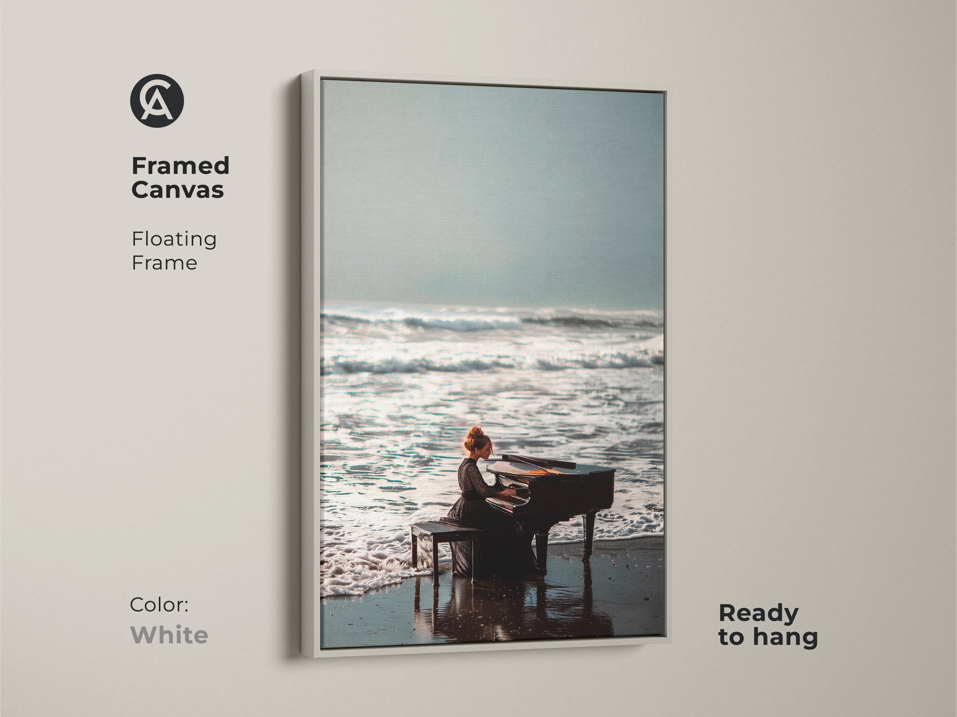 Framed canvas art with a white floating frame. This piece features a woman playing the piano on a beach. It offers a clean modern look. The artwork is ready to hang. It brings a fresh serene vibe to your home decor. Shop this framed musical beach art now.