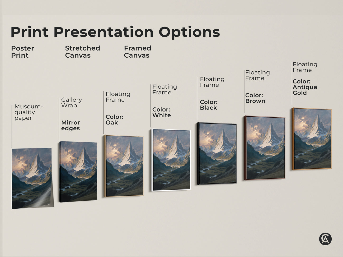Print presentation options for a snowy mountain canvas. See poster print stretched canvas and framed canvas options. Choose museum quality paper or gallery wrap with floating frame. Find the perfect traditional art for your home.