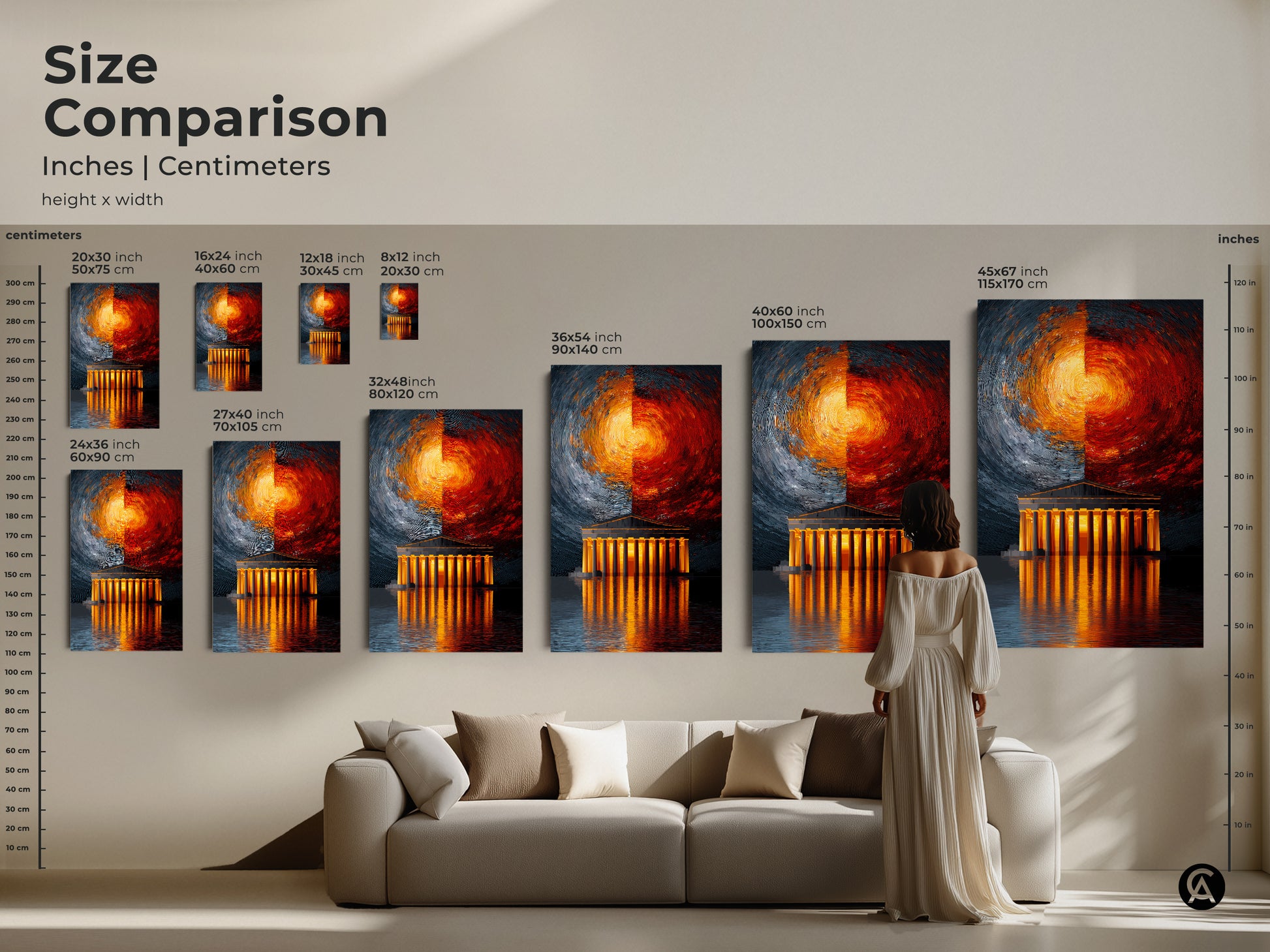 Size comparison of abstract Greek temple prints in inches and centimeters. This modern abstract painting as canvas or poster. See how the orange yellow art transforms spaces from small to large. Perfect modern office decor and unique housewarming gift options. Each providing abstract energy.
