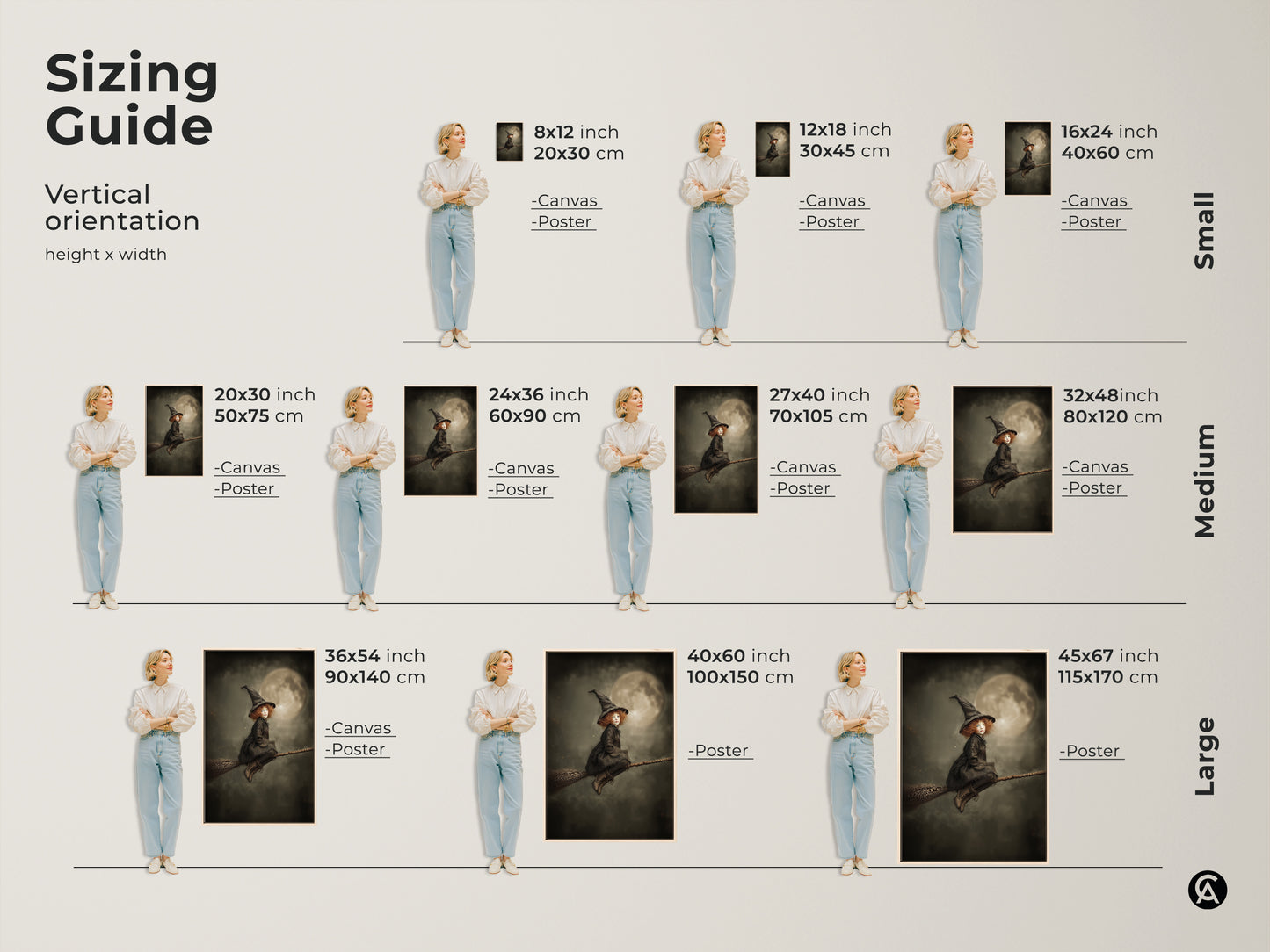 Sizing guide for little witch on broomstick artwork. Vertical orientation height x width. Available in small medium and large sizes. Find the perfect fit for your space. The gothic fantasy art is perfect for Halloween decor and kids rooms.