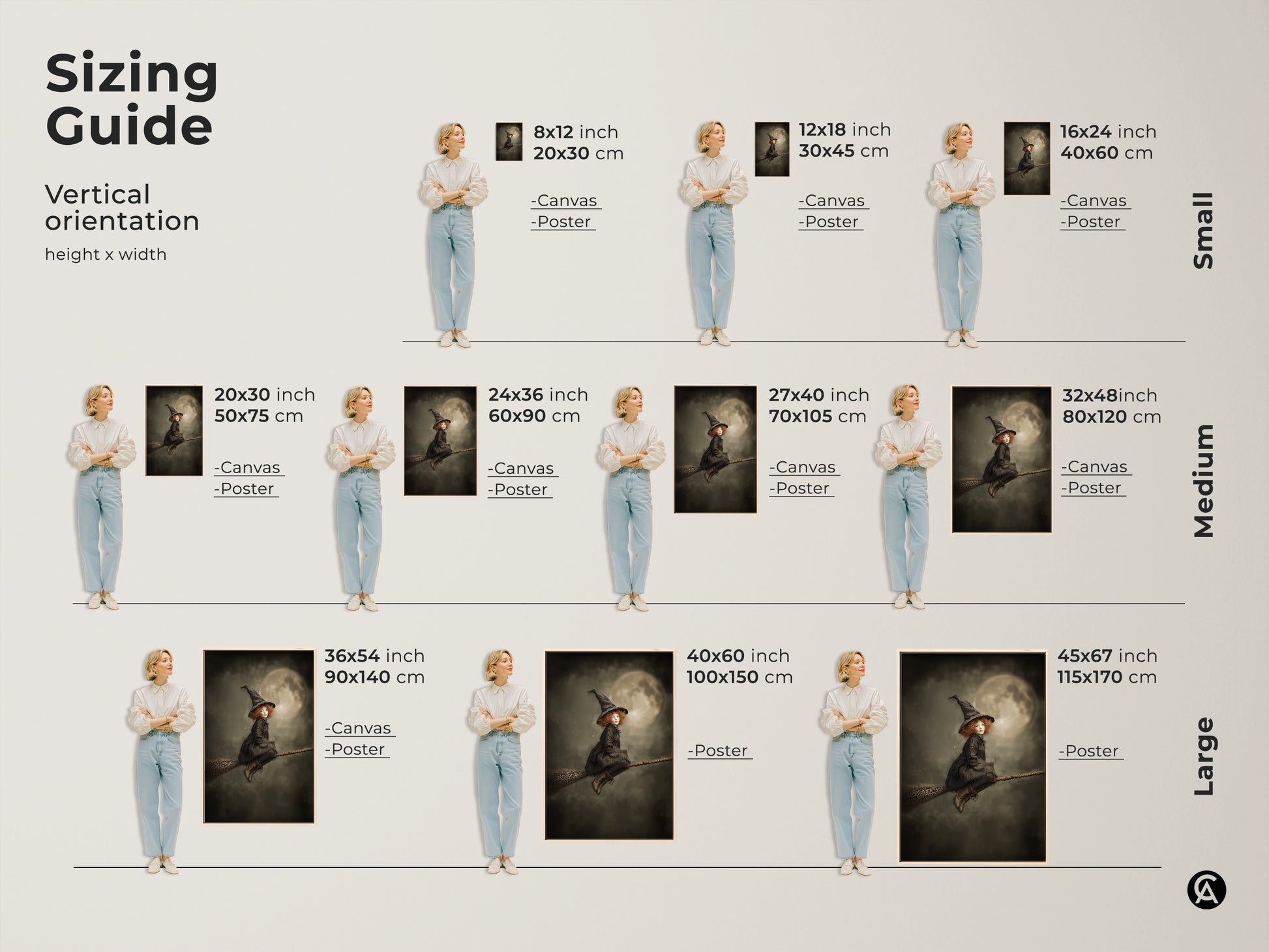 Sizing guide for little witch on broomstick artwork. Vertical orientation height x width. Available in small medium and large sizes. Find the perfect fit for your space. The gothic fantasy art is perfect for Halloween decor and kids rooms.