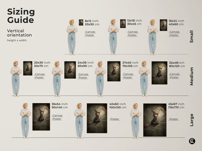 Sizing guide for little witch on broomstick artwork. Vertical orientation height x width. Available in small medium and large sizes. Find the perfect fit for your space. The gothic fantasy art is perfect for Halloween decor and kids rooms.