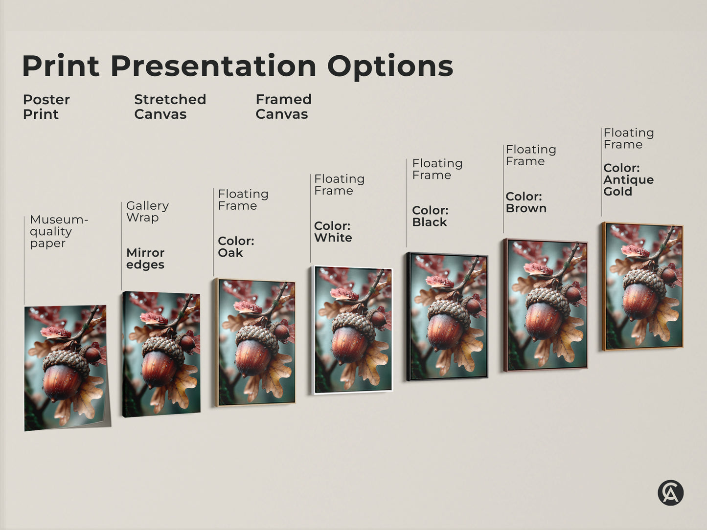 Explore print presentation options with this acorn art. Choose from poster prints stretched canvas or framed canvas. Find the perfect style to match your taste. Each option brings out the beauty of the acorn in its own way.