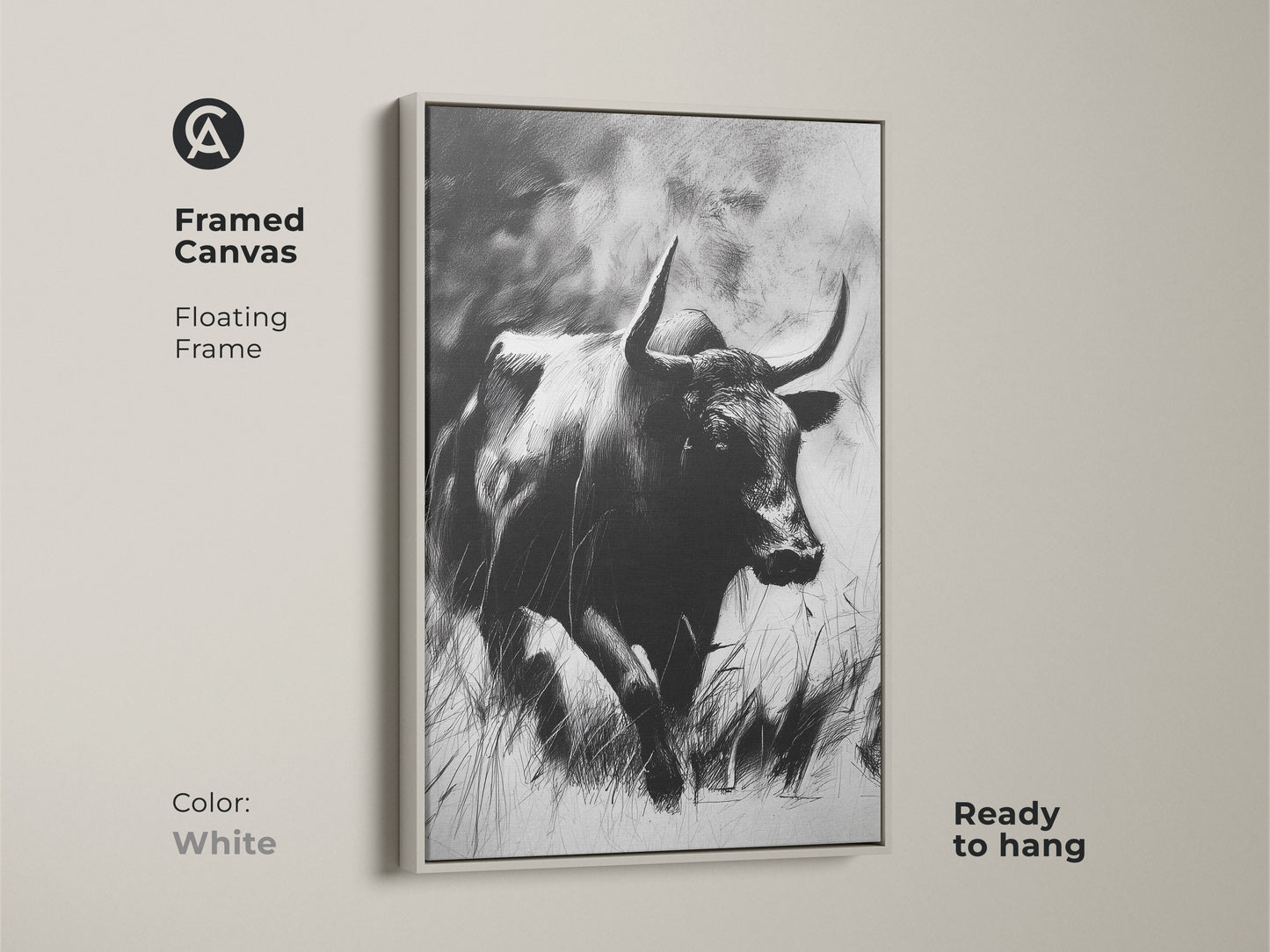 Explore print presentation options with this bull sketch art. Choose from poster print to framed canvas. Featuring gallery wrap and museum-quality paper. Find the perfect style for your rustic monochrome animal print. Elevate your space with wildlife art.