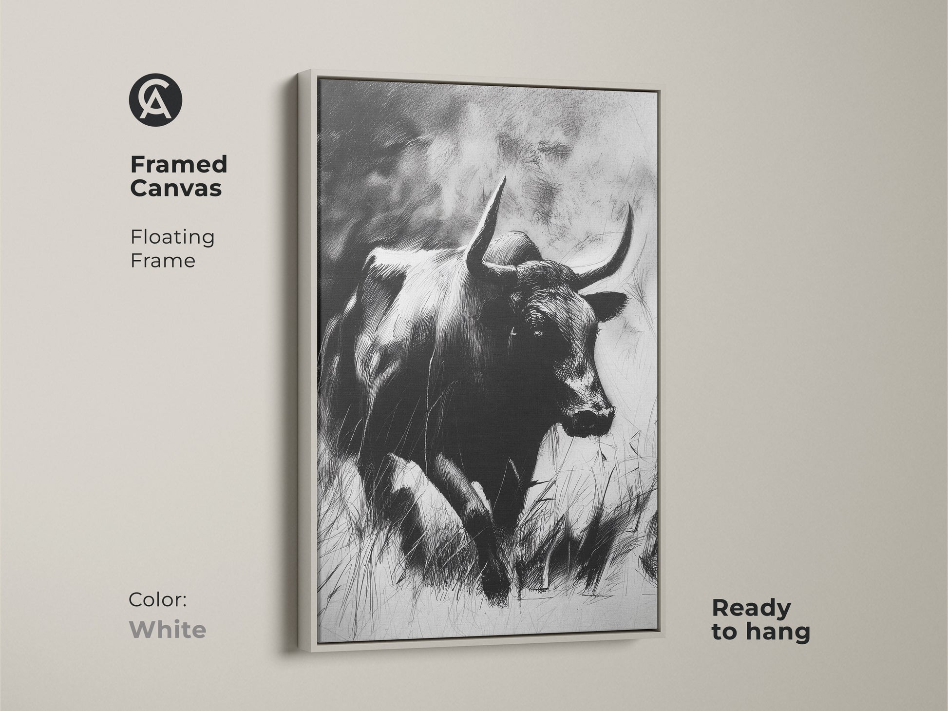 Explore print presentation options with this bull sketch art. Choose from poster print to framed canvas. Featuring gallery wrap and museum-quality paper. Find the perfect style for your rustic monochrome animal print. Elevate your space with wildlife art.