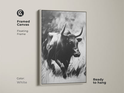 Explore print presentation options with this bull sketch art. Choose from poster print to framed canvas. Featuring gallery wrap and museum-quality paper. Find the perfect style for your rustic monochrome animal print. Elevate your space with wildlife art.